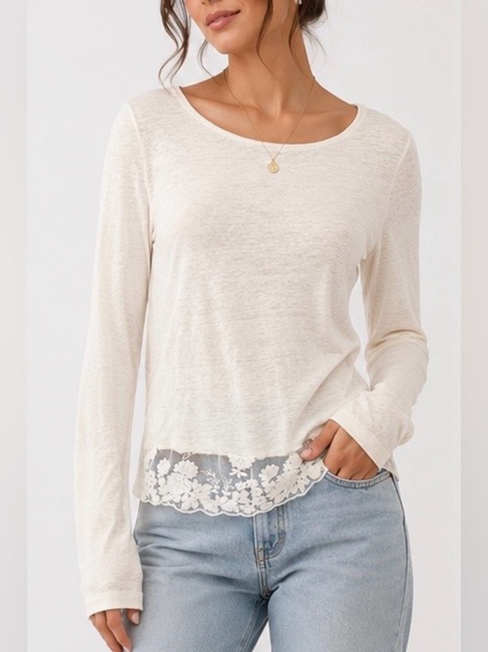 Sundance 100% Linen Knit Lace Back Cream Cottagecore Romantic Top XS